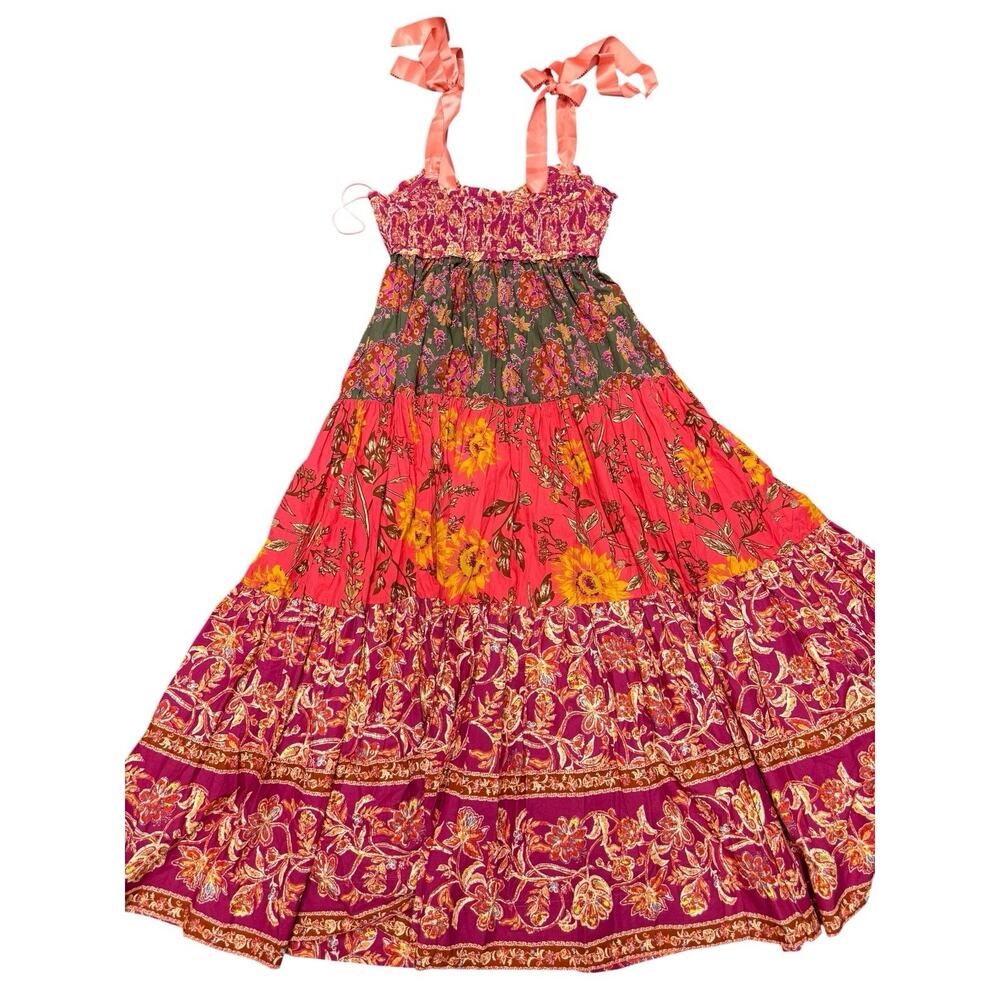Free People Bluebell Maxi Dress L Floral Smocked Tiered Cotton Boho - Picture 9 of 10